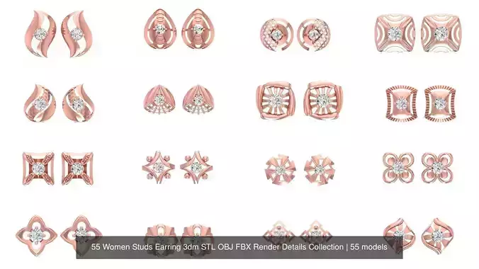 55 Women Studs Earring 3dm STL OBJ FBX Render Details Collection 