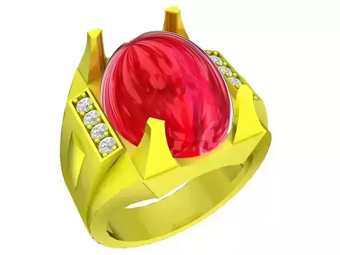 A5395 Oval Ruby Fengshui Diamond Asian Men Ring 3D Model