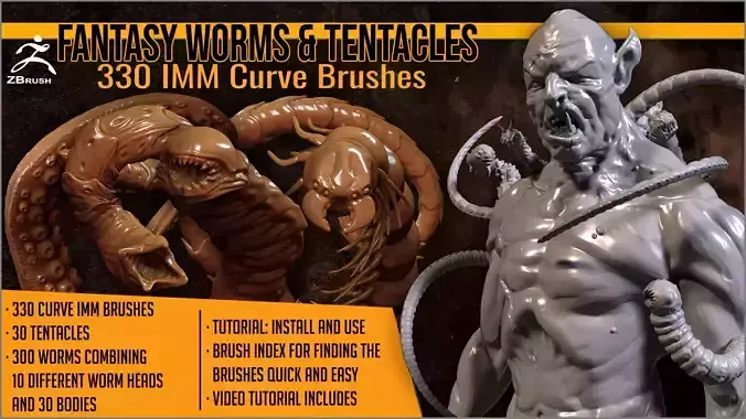 Fantasy Worms and Tentacles 330 IMM Curve Brushes for ZBrush 3D model