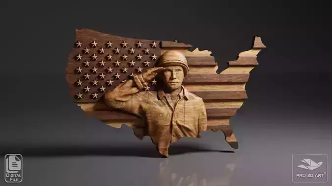 USA Map and Flag - Soldier - CNC Files For Wood - 3D STL Model 3D model