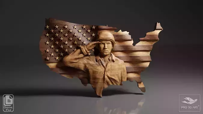 USA Wavy Map and Flag - Soldier-CNC Files For Wood 3D STL Model 3D model