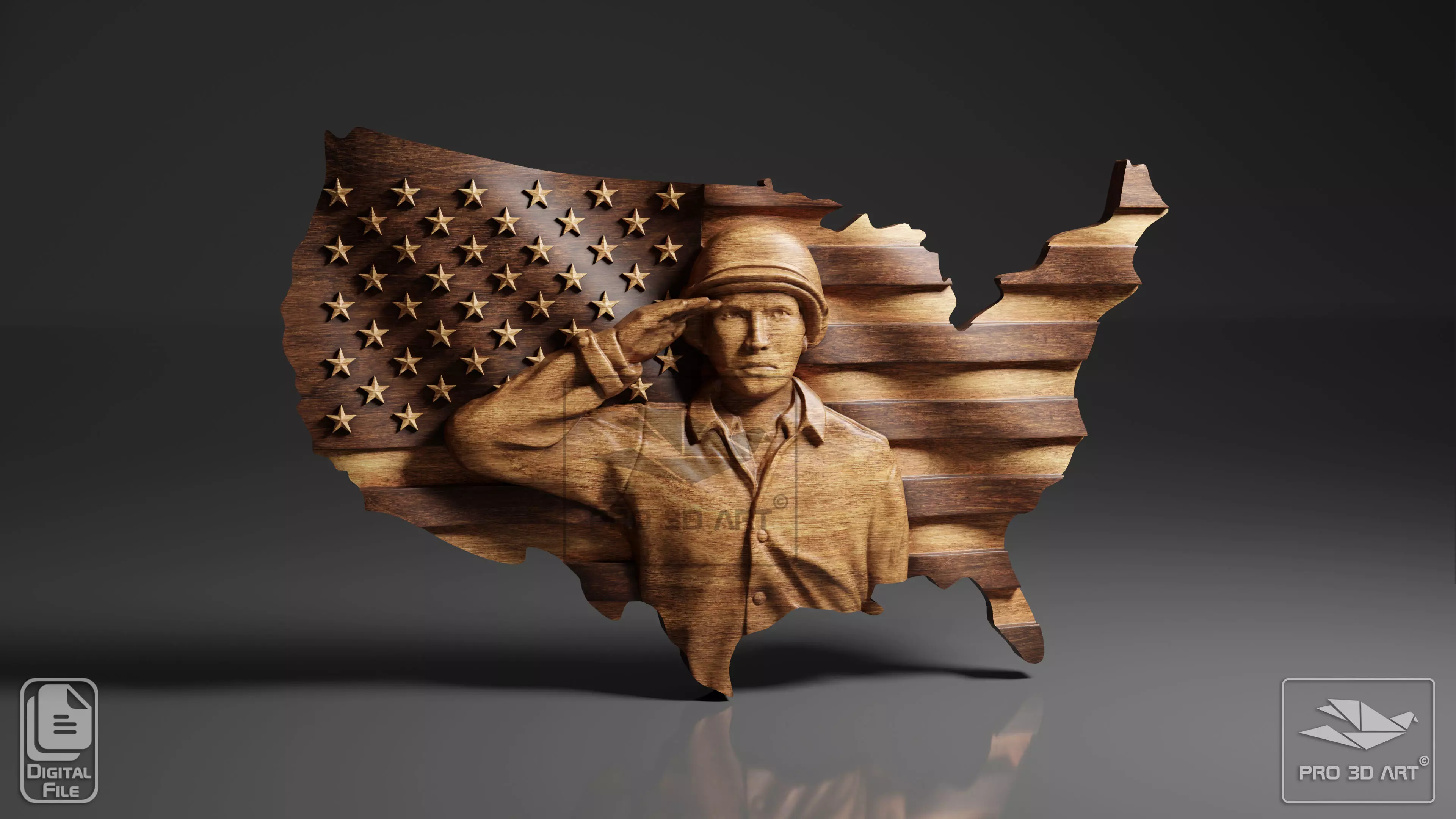 USA Wavy Map and Flag - Soldier-CNC Files For Wood 3D STL Model 3D model_0