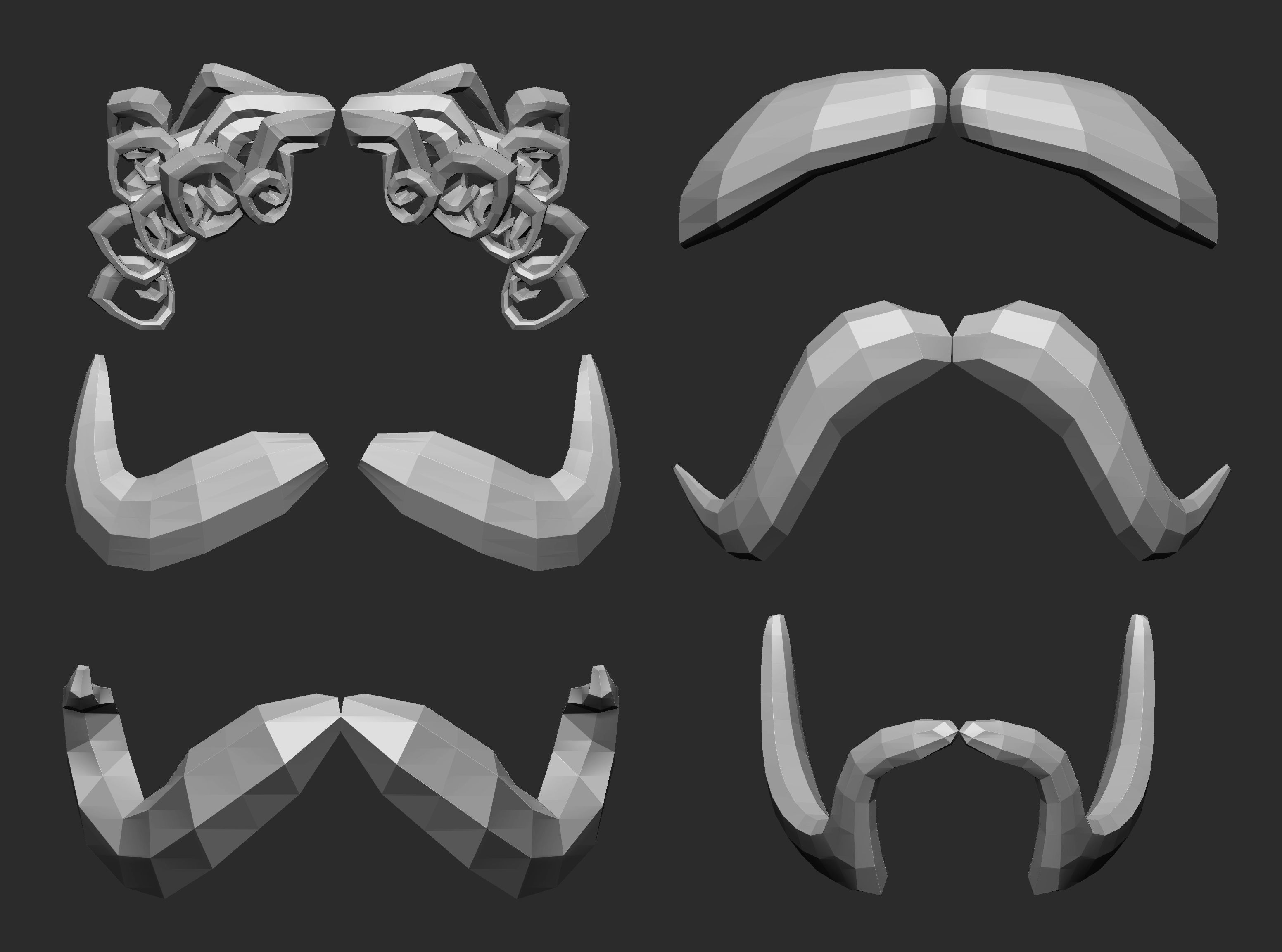 30 Lowpoly moustache beard base mesh imm set 3D model_2