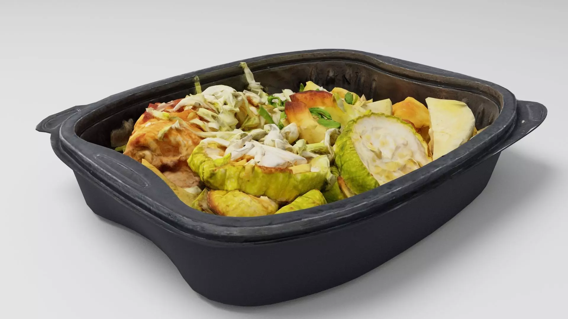 Poke bowl lunch box with cabbage chicken potatoes eggplant 3D model