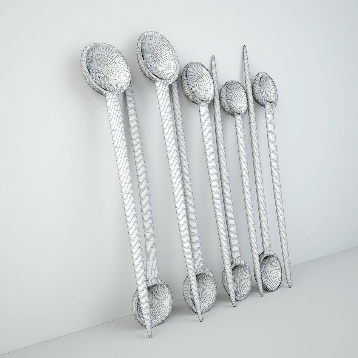 Old Bleached Wood Indian Spoons 3D model_4