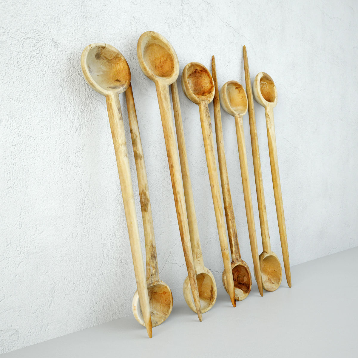 Old Bleached Wood Indian Spoons 3D model_3
