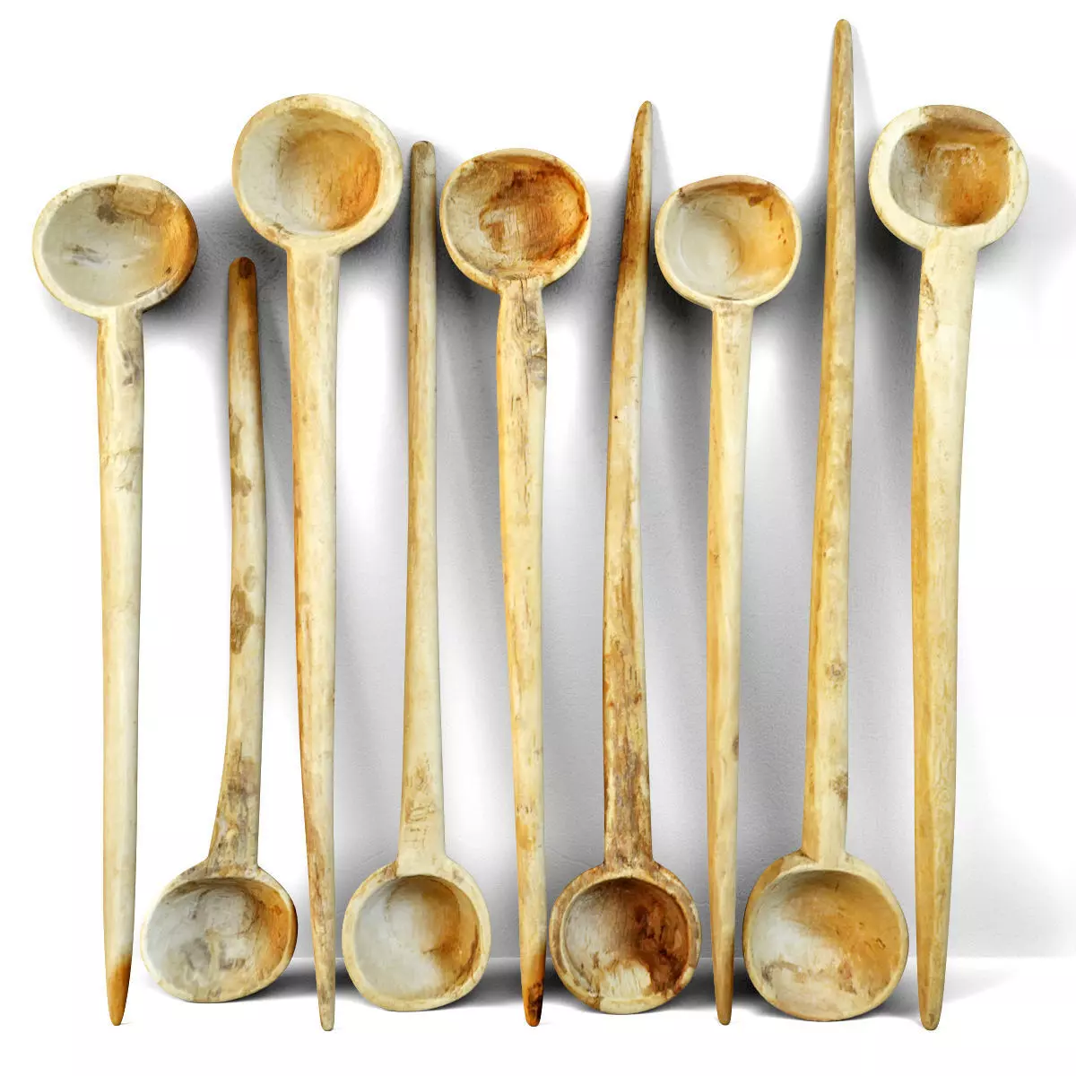 Old Bleached Wood Indian Spoons 3D model_0