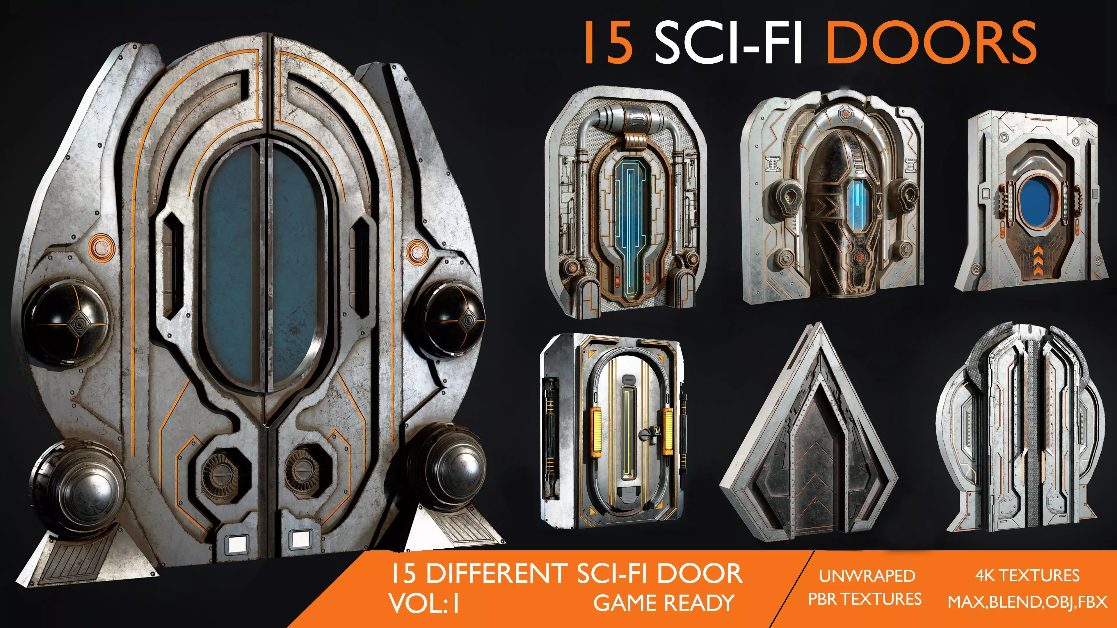 15 Scifi Doors Game Ready Low-poly 3D model_0