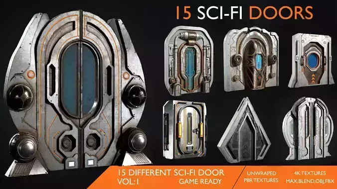 15 Scifi Doors Game Ready Low-poly 3D model