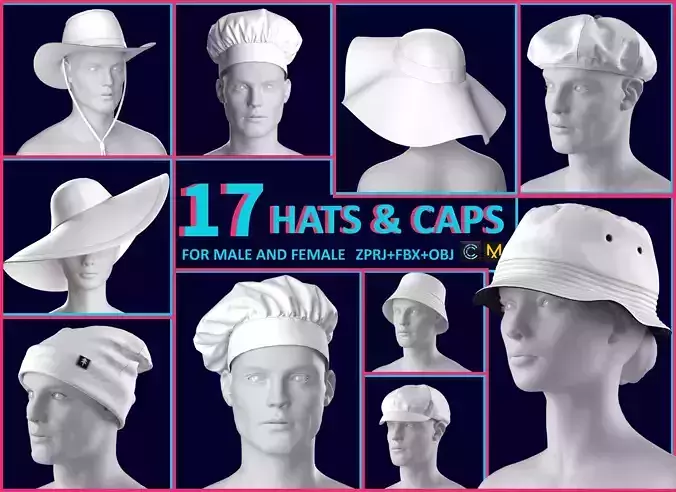 17 HAT AND CAP 3D MODELS Low-poly 3D model