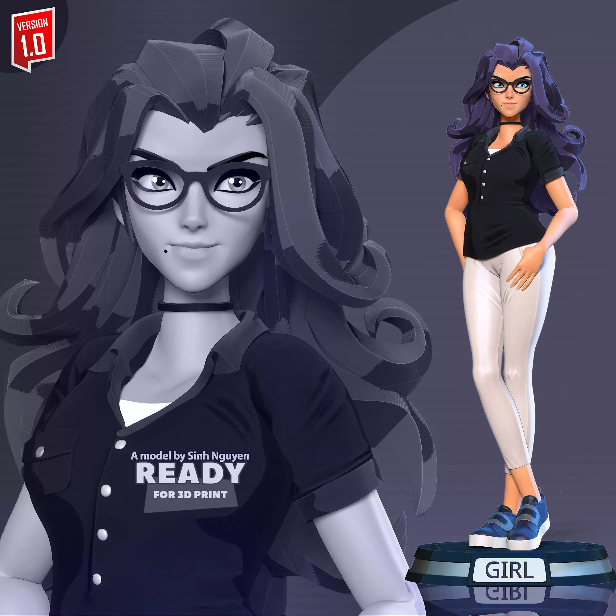 Girl with glasses 3D print model_0