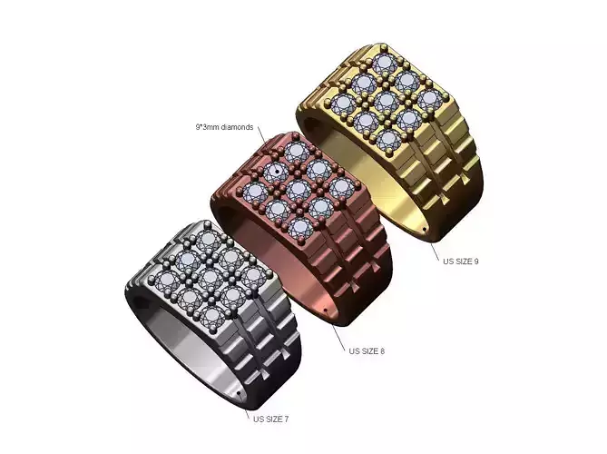 Square side engraved diamond signet ring US sizes 7 8 9