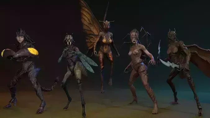 Flock of beetle girls 3D Model Collection