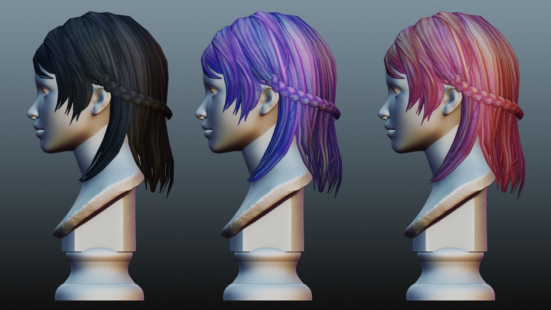 Female hair low poly 3 color model Low-poly 3D model_2