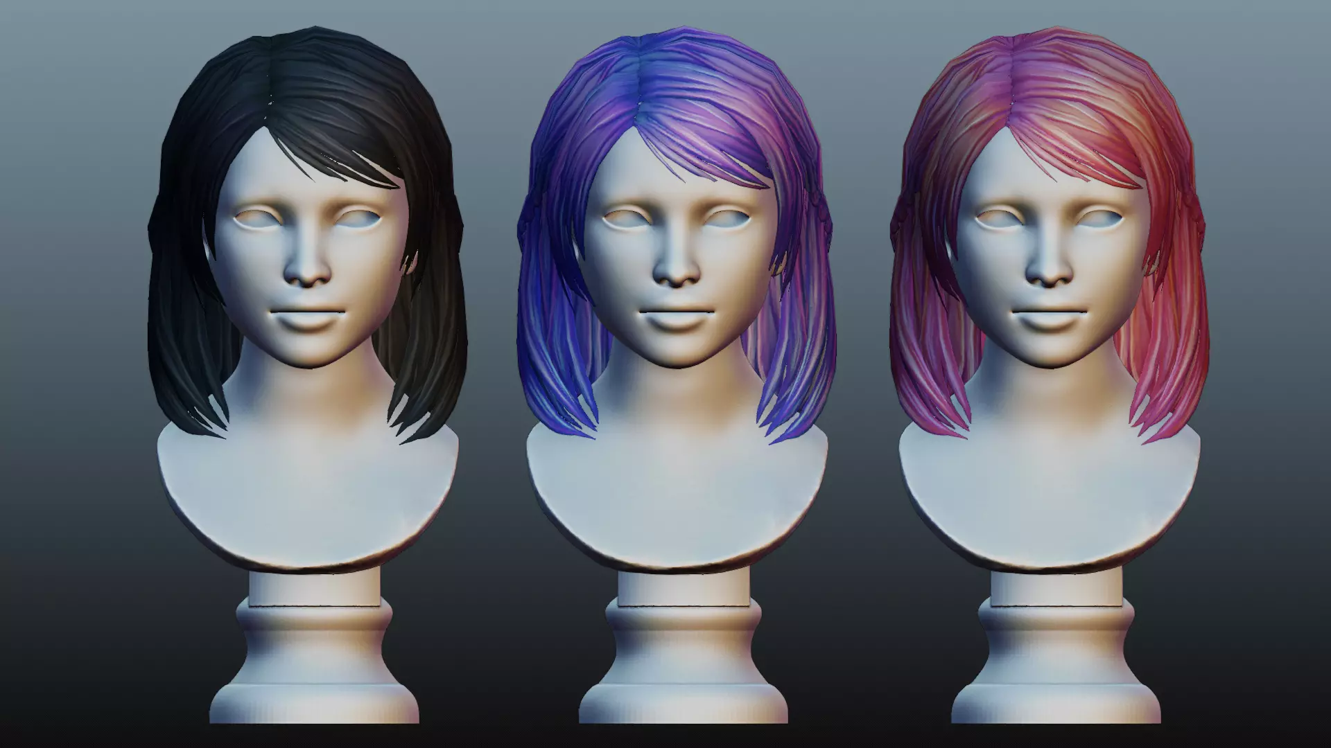 Female hair low poly 3 color model Low-poly 3D model_0