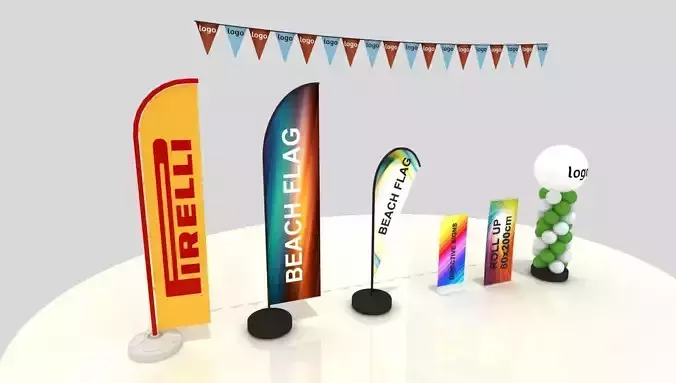 Beach Flag Roll up Banner Balloon Set 3D model