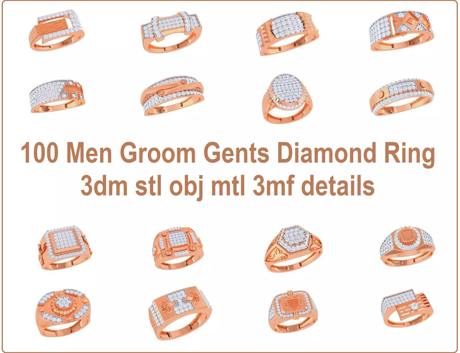 100 Men Groom Gents Diamond Ring 3dm stl obj mtl 3mf details 3D Model Collection_0