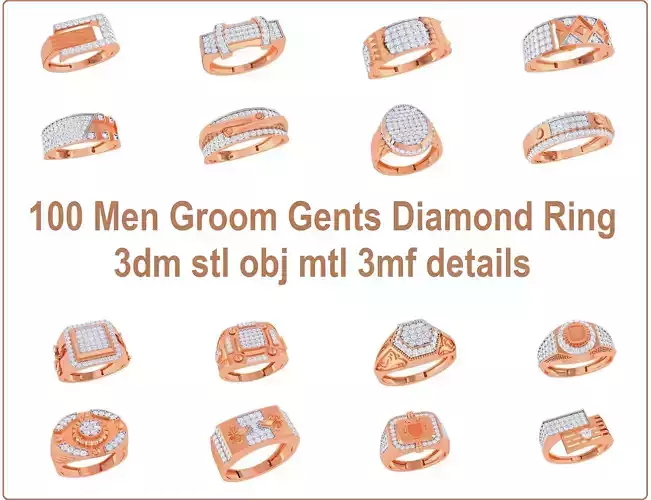 100 Men Groom Gents Diamond Ring 3dm stl obj mtl 3mf details 3D Model Collection