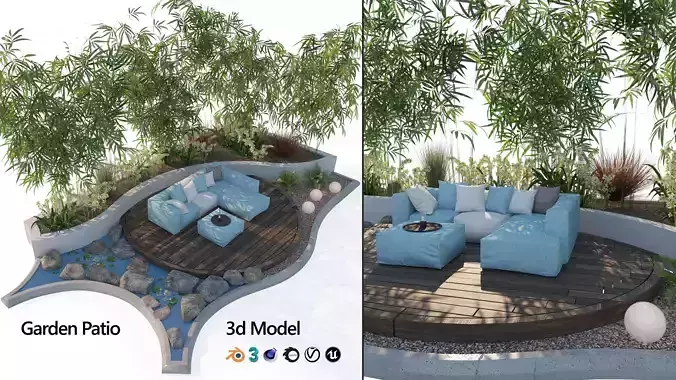 garden patio deck with outdoor furniture 3D model