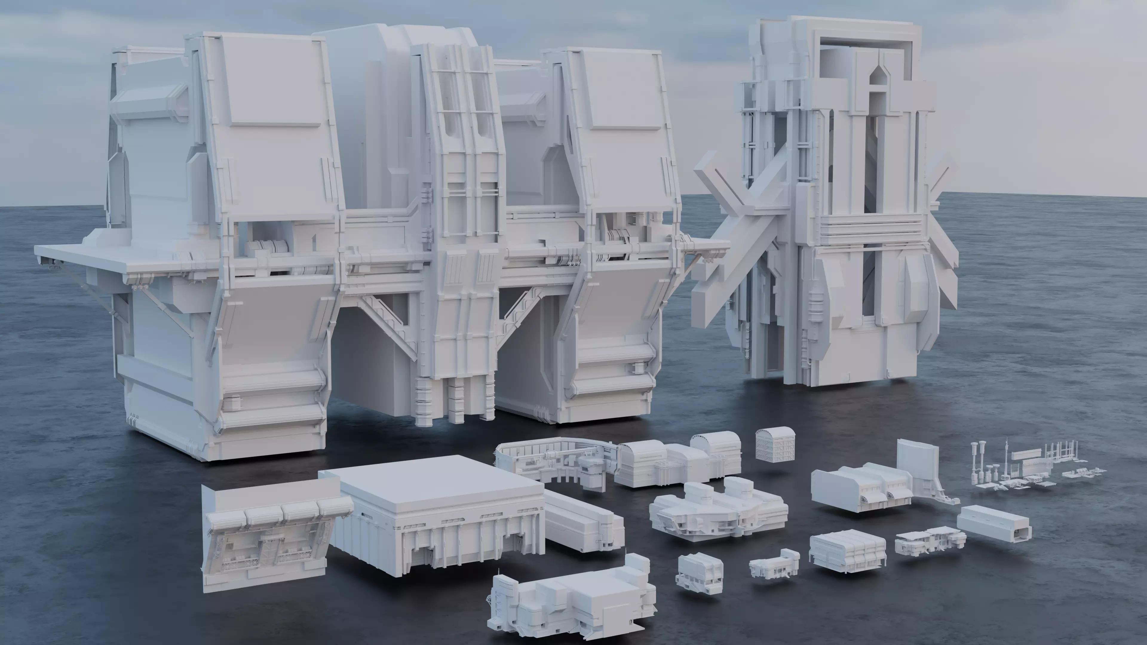 Scifi building kitbash pack Low-poly 3D model_0