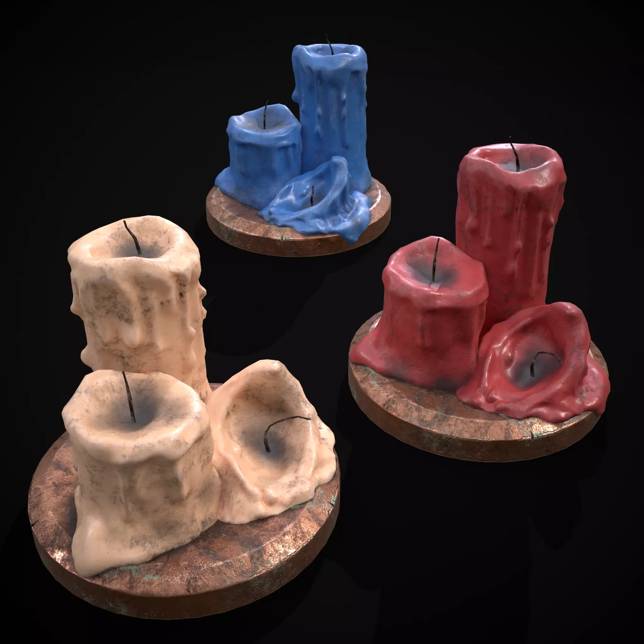 Three Melted Candles Low-poly 3D model_0