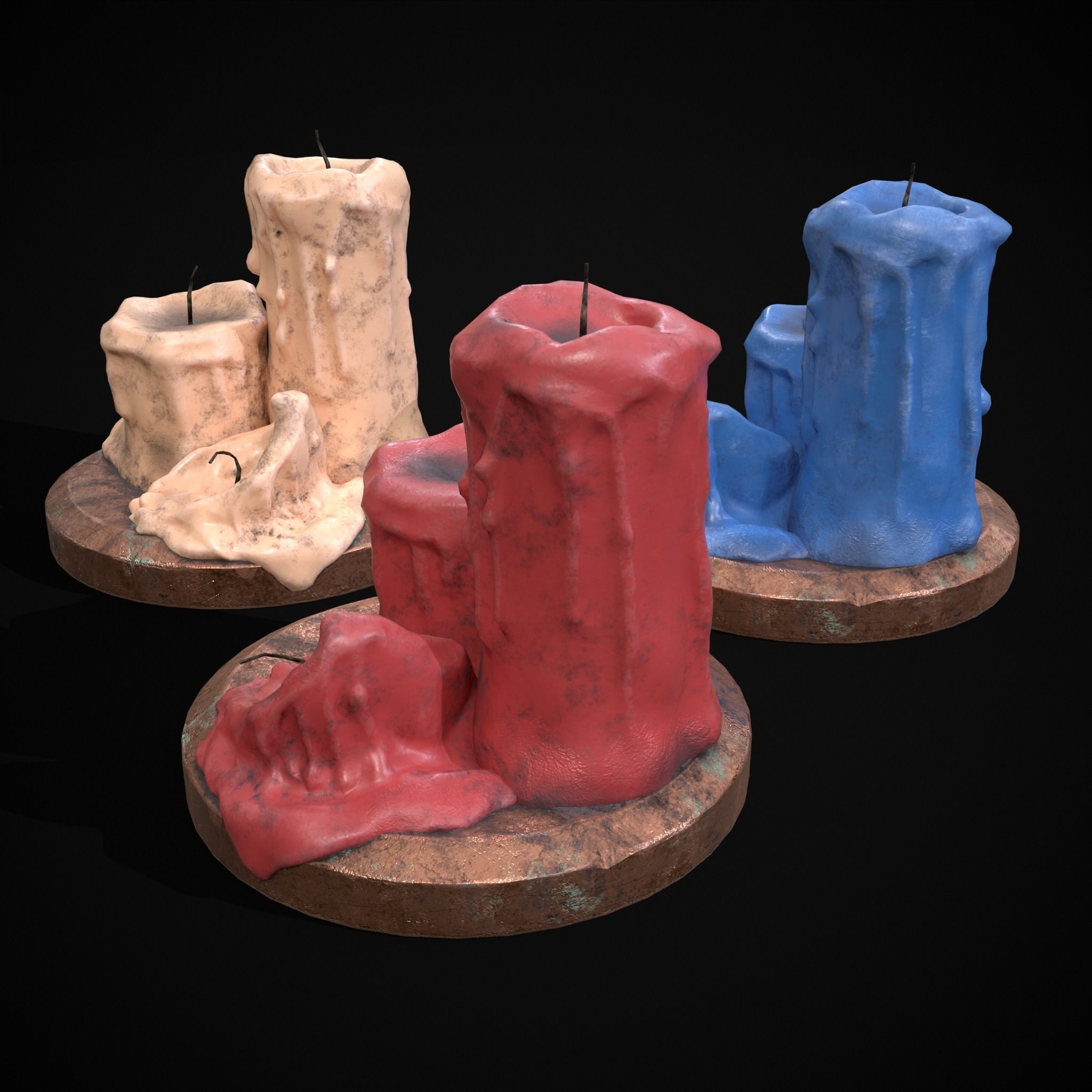 Three Melted Candles Low-poly 3D model_5