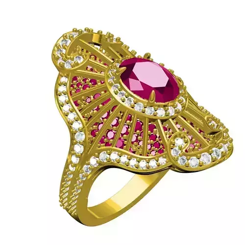Red Ruby Round and Oval Cut Diamond Antique Cocktail Ring