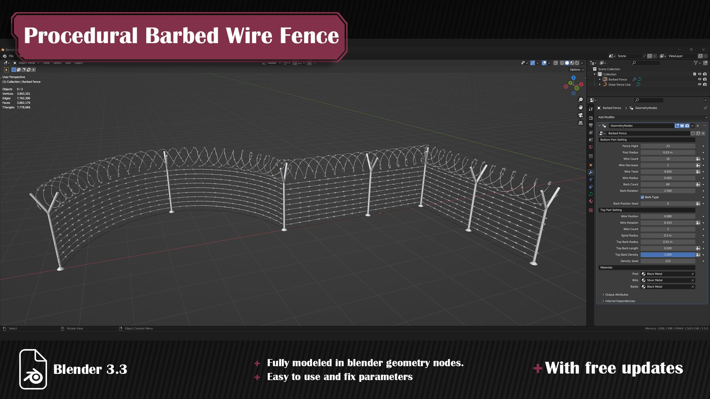 Procedural Barbed Wire Fence 3D model_4