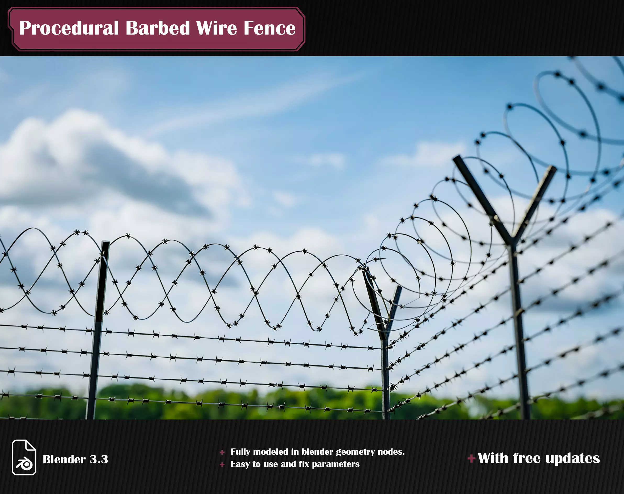 Procedural Barbed Wire Fence 3D model_0