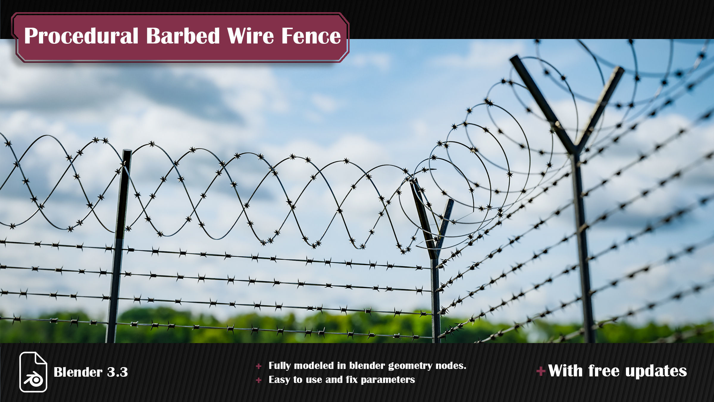 Procedural Barbed Wire Fence 3D model_1