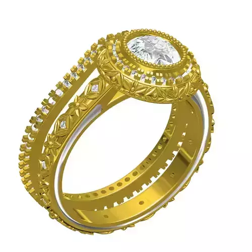 Round Diamond Halo Engraving Engagement Ring with Band