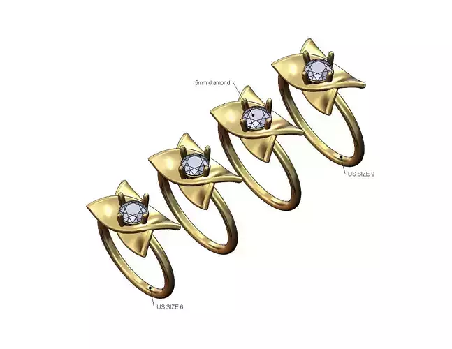 Overlapping 5mm solitare diamond twisted leaf ring US sizes 6to9