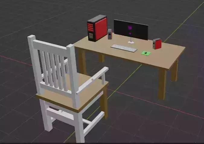 Full PC setup with table and chair Low-poly 3D model