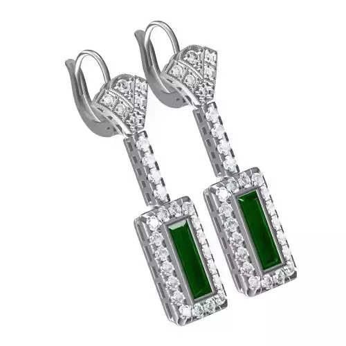 Green Stone Round Diamond Halo Drop Earring