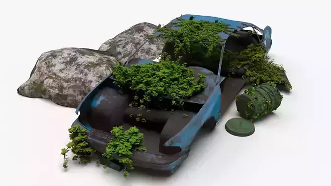 4K realistic low poly abandoned car recycle bin and rock