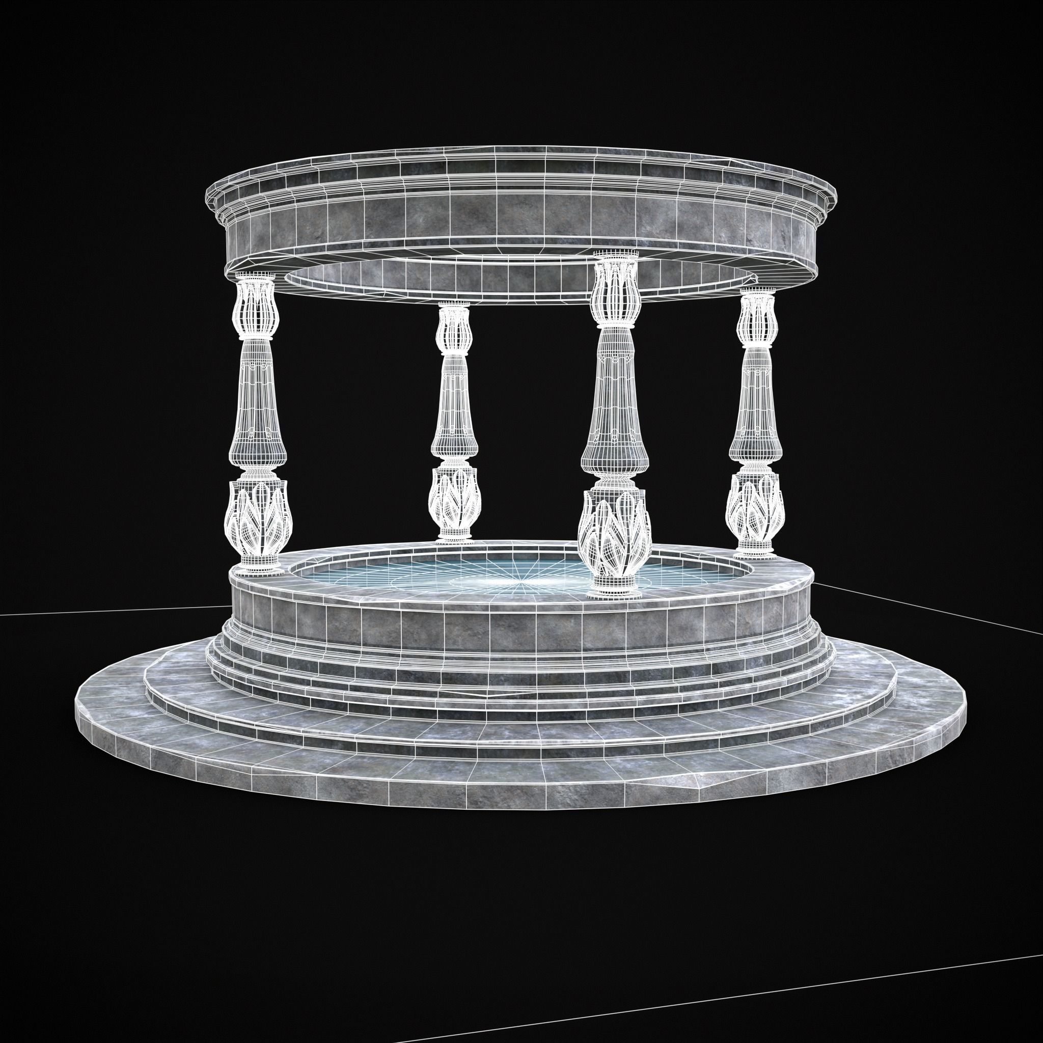 Pavilion Floral Water Fountain Low-poly 3D model_4