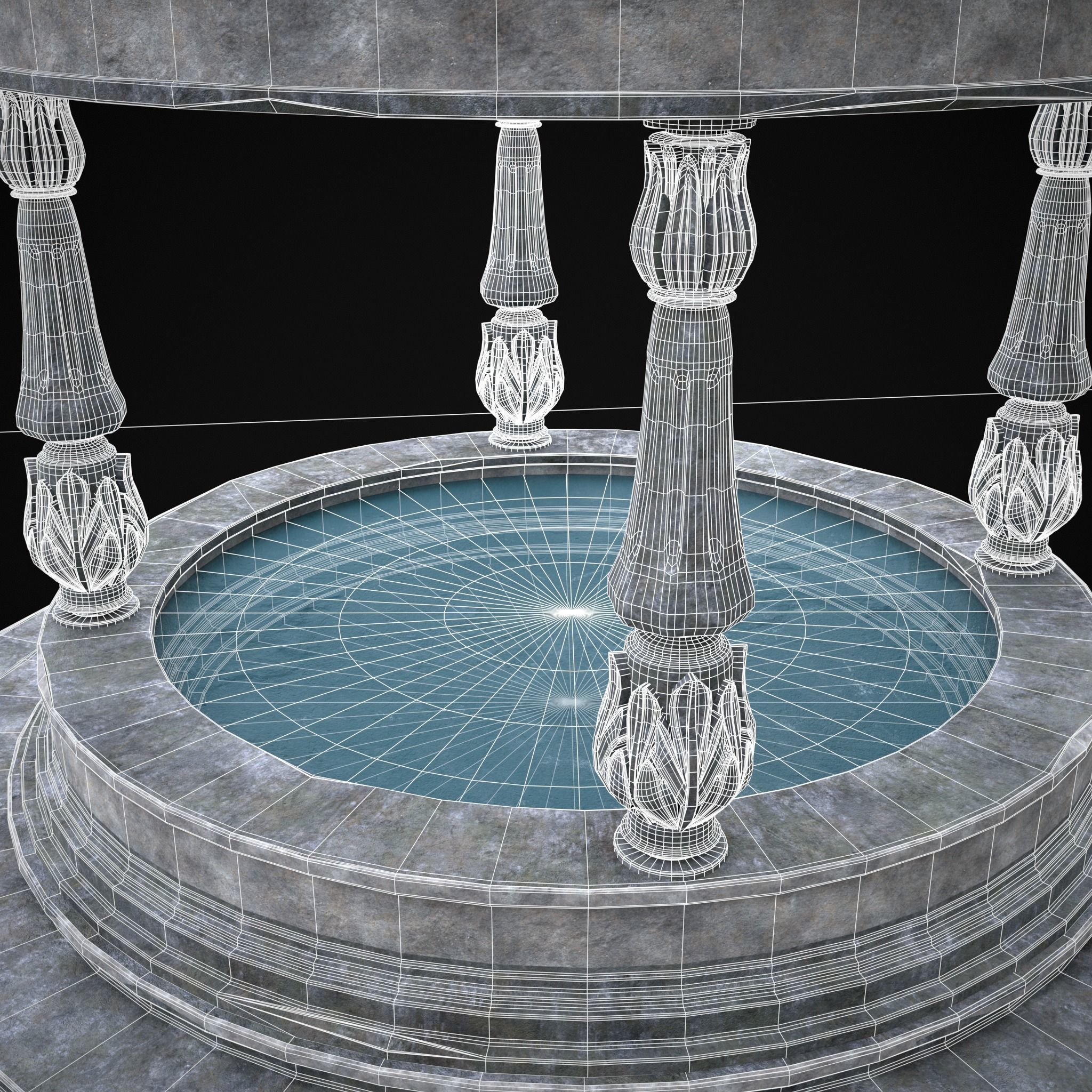 Pavilion Floral Water Fountain Low-poly 3D model_12