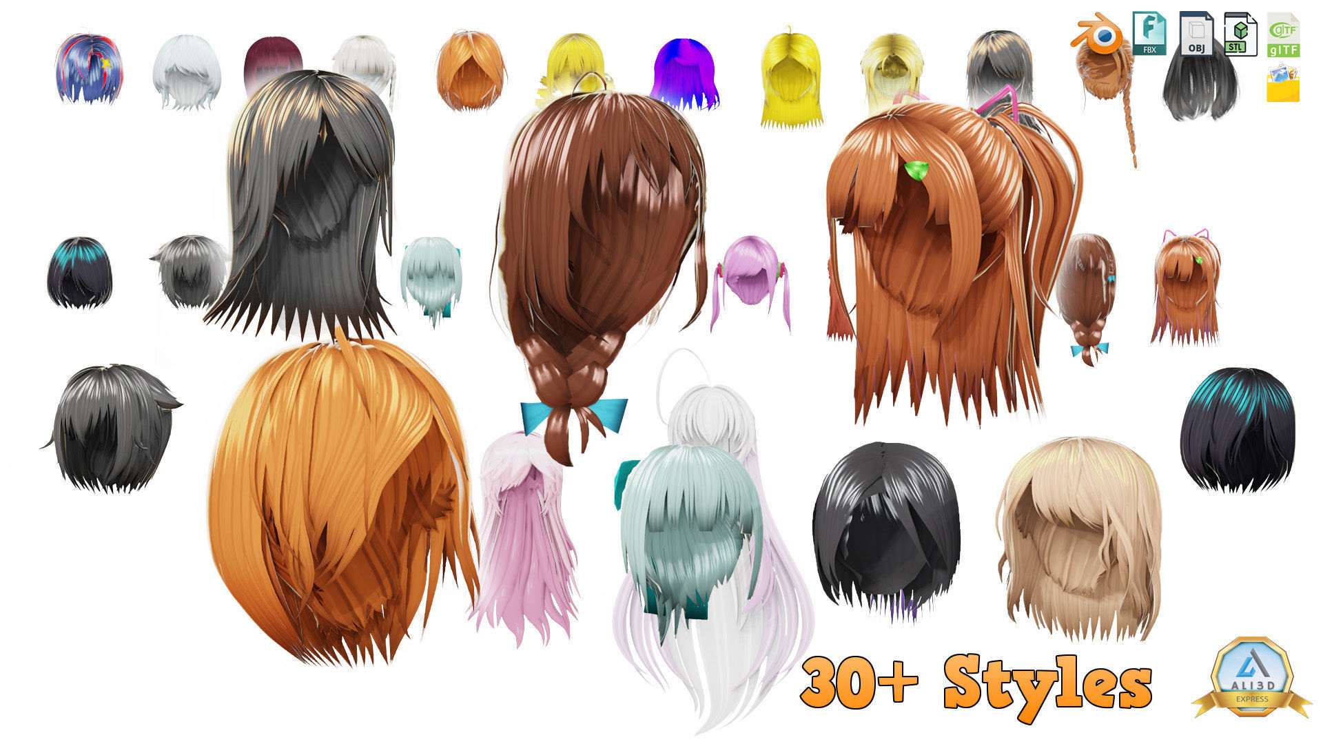 30 Awesome Anime Hairstyles Collection Low-poly 3D model_15