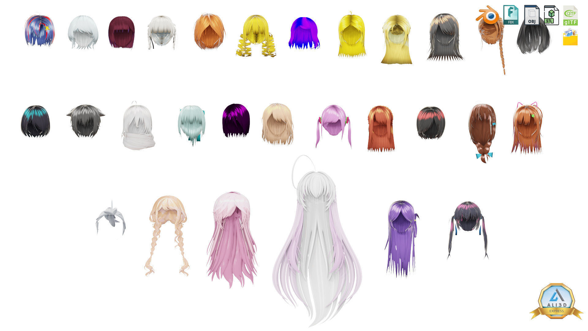 30 Awesome Anime Hairstyles Collection Low-poly 3D model_17
