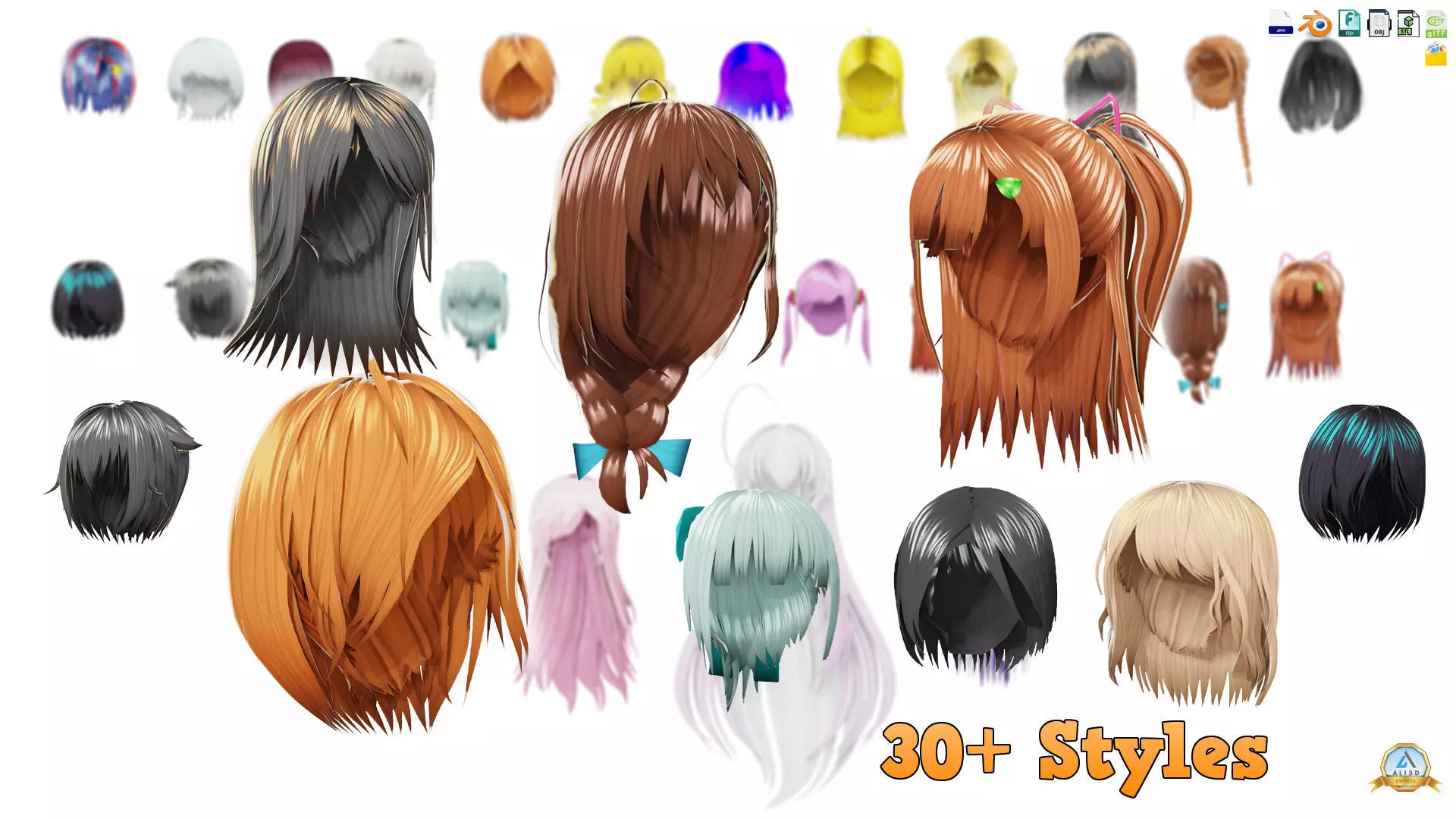 30 Awesome Anime Hairstyles Collection Low-poly 3D model_0