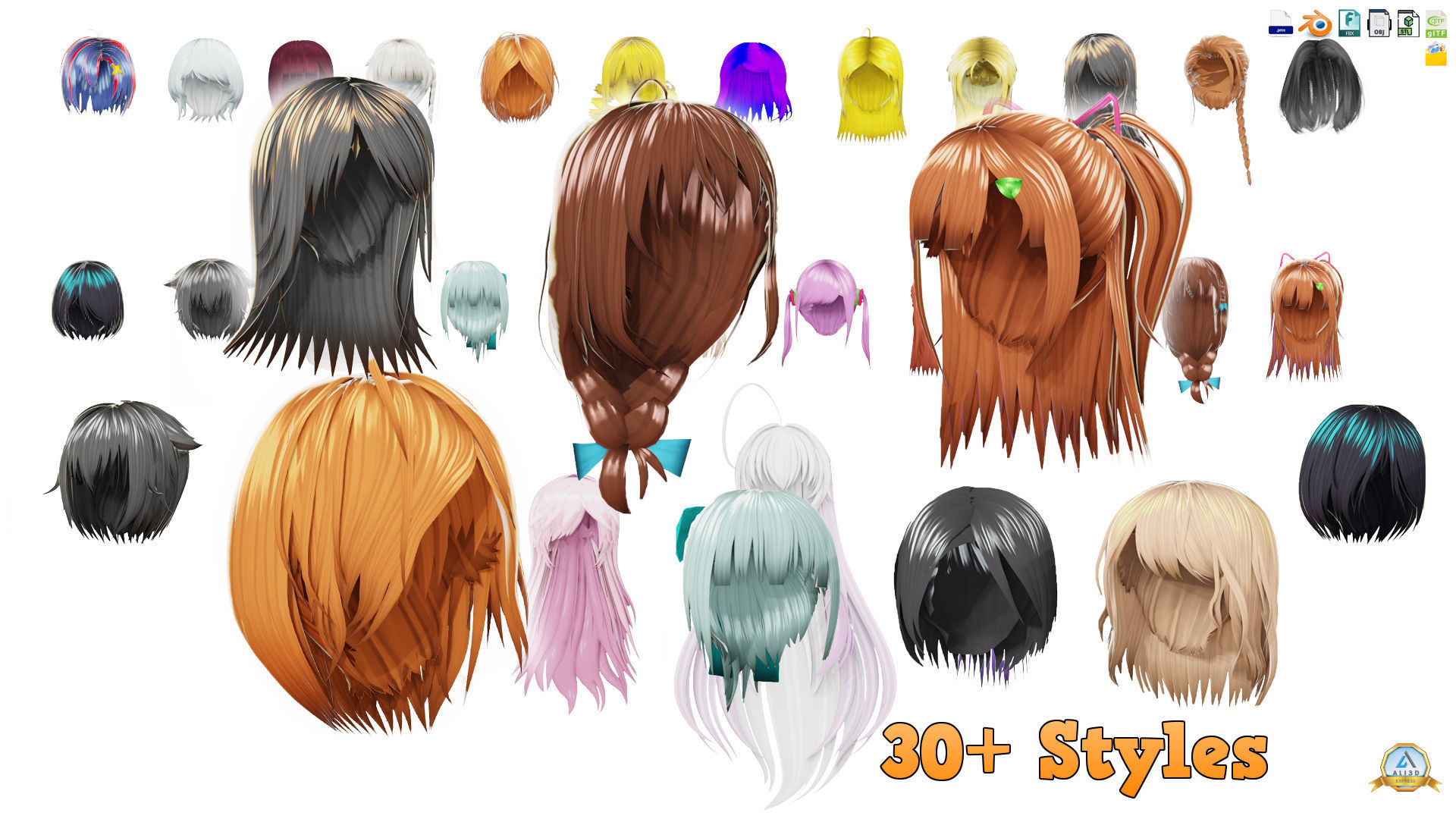 30 Awesome Anime Hairstyles Collection Low-poly 3D model_18