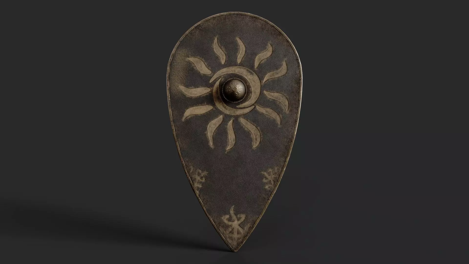 Slavic kite leather shield-painted black with Sun symbol Low-poly 3D model_0