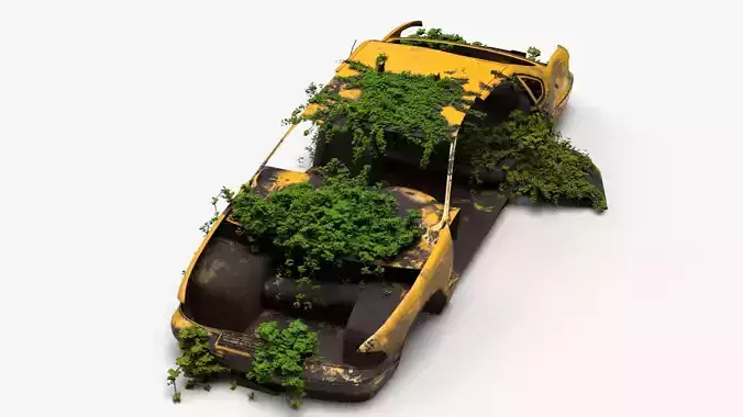 4K realistic low poly abandoned car recycle bin and rock