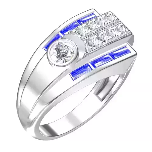 Blue Sapphire Baguette and Round Diamond Art Deco Mens Ring