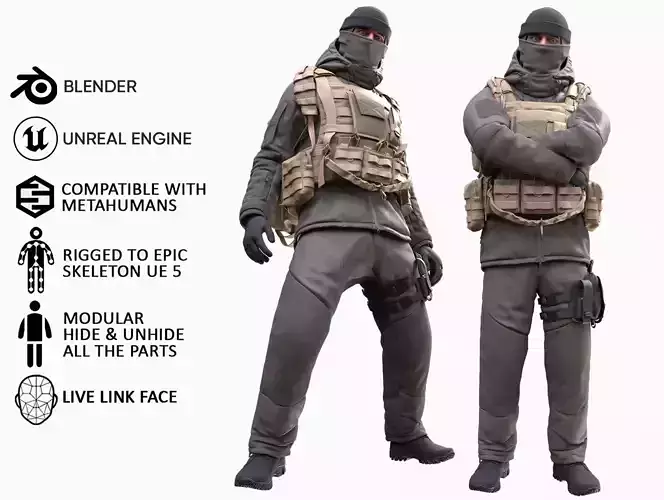 Man - Winter Military Outfit - Modular - Rigged Low-poly 3D model