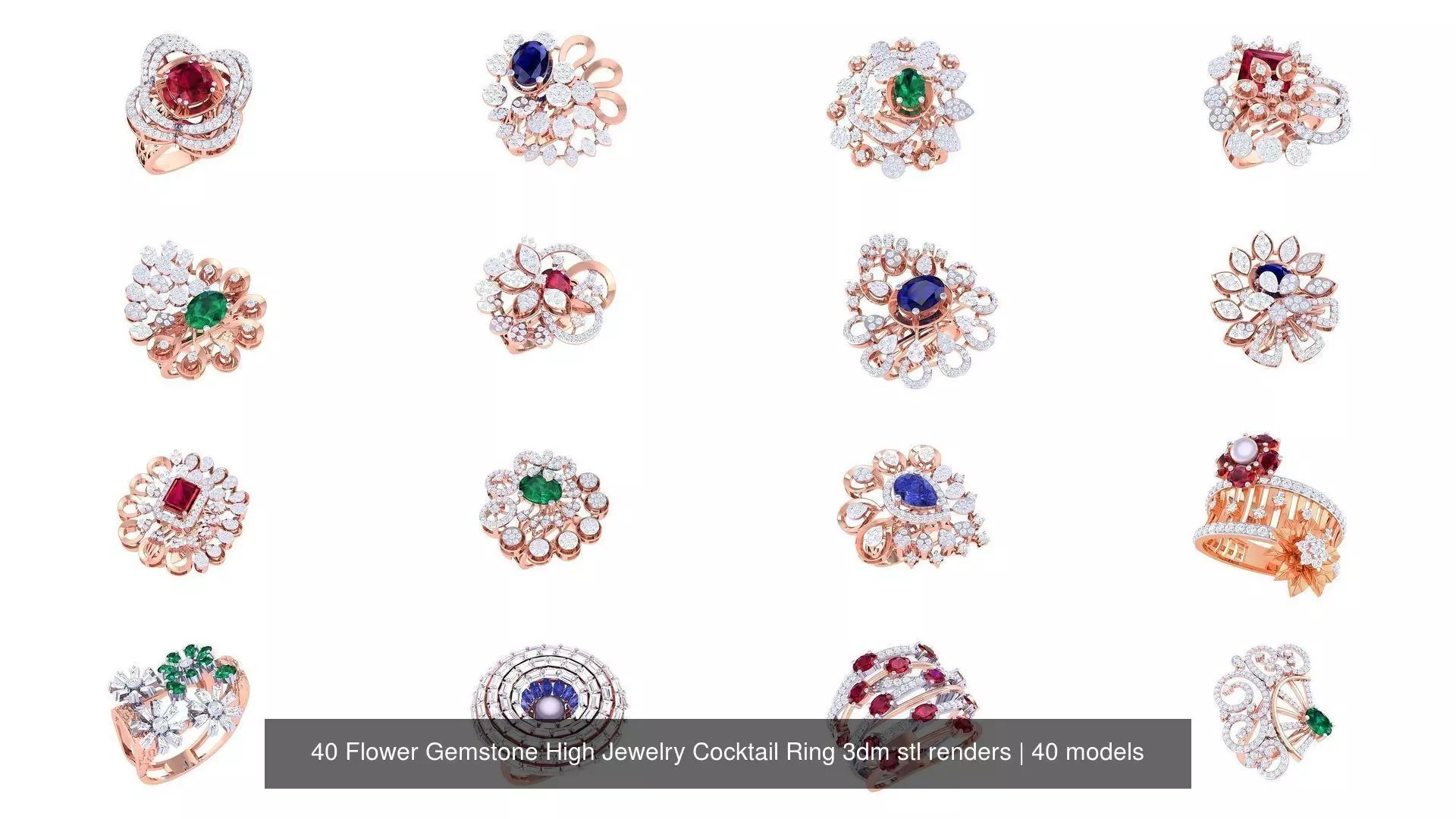 40 Flower Gemstone High Jewelry Cocktail Ring 3dm stl renders 3D Model Collection_1