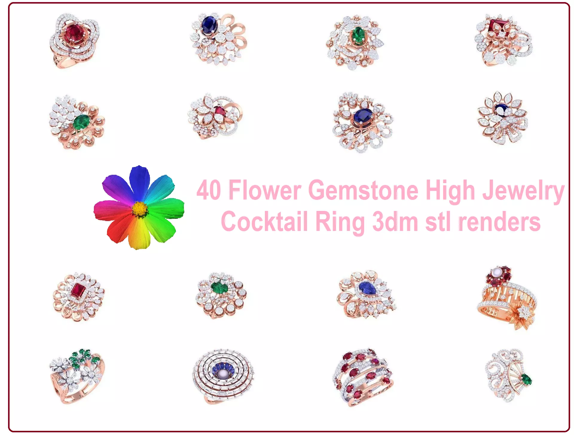 40 Flower Gemstone High Jewelry Cocktail Ring 3dm stl renders 3D Model Collection_0