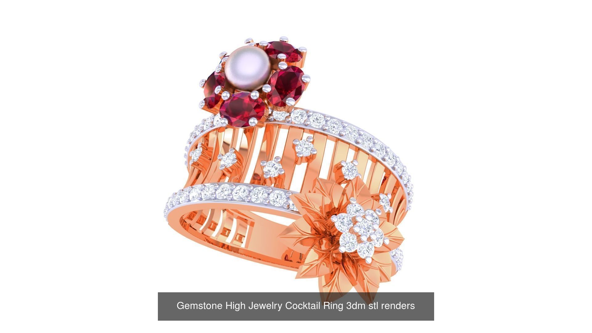 40 Flower Gemstone High Jewelry Cocktail Ring 3dm stl renders 3D Model Collection_15