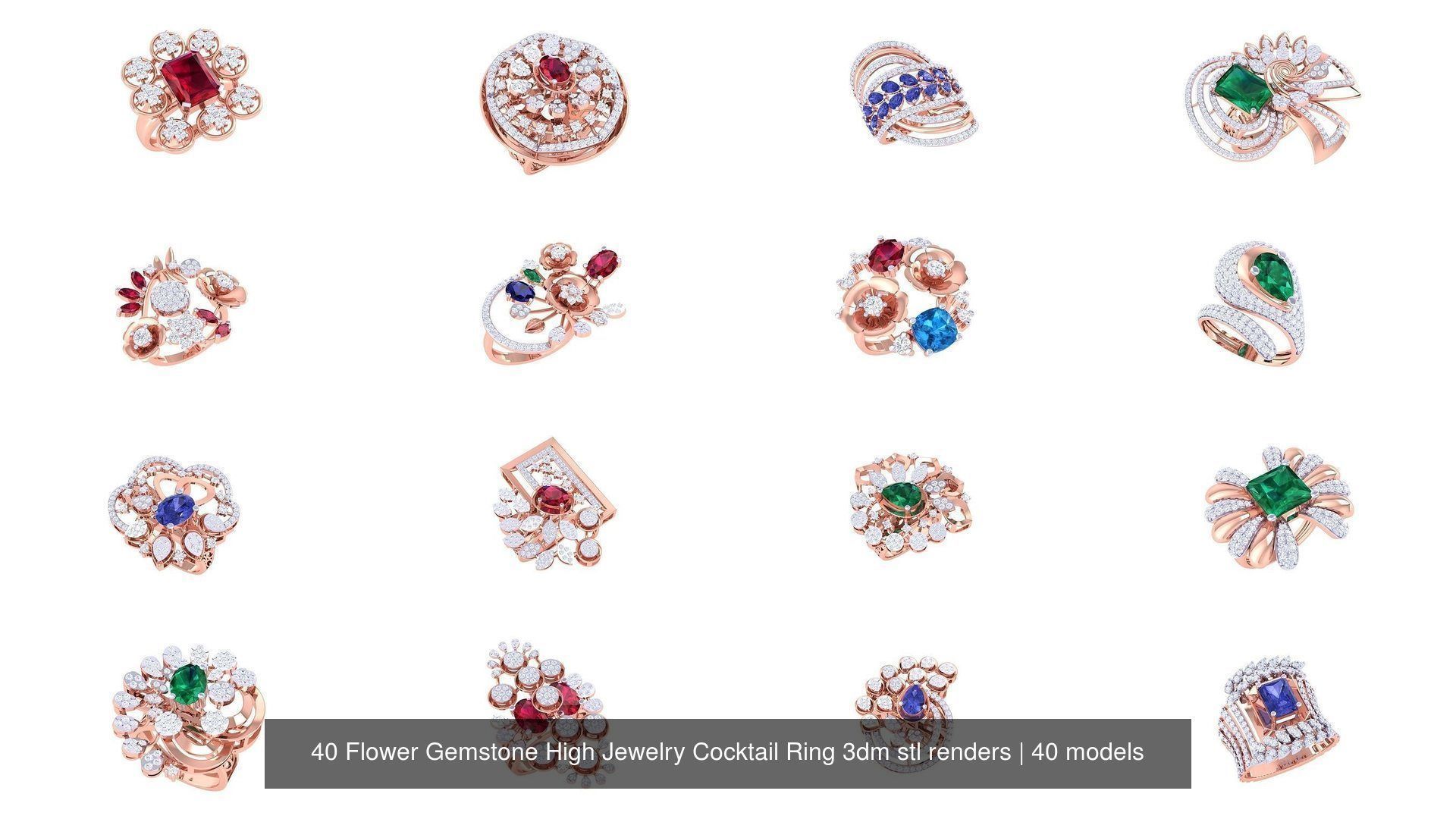 40 Flower Gemstone High Jewelry Cocktail Ring 3dm stl renders 3D Model Collection_2