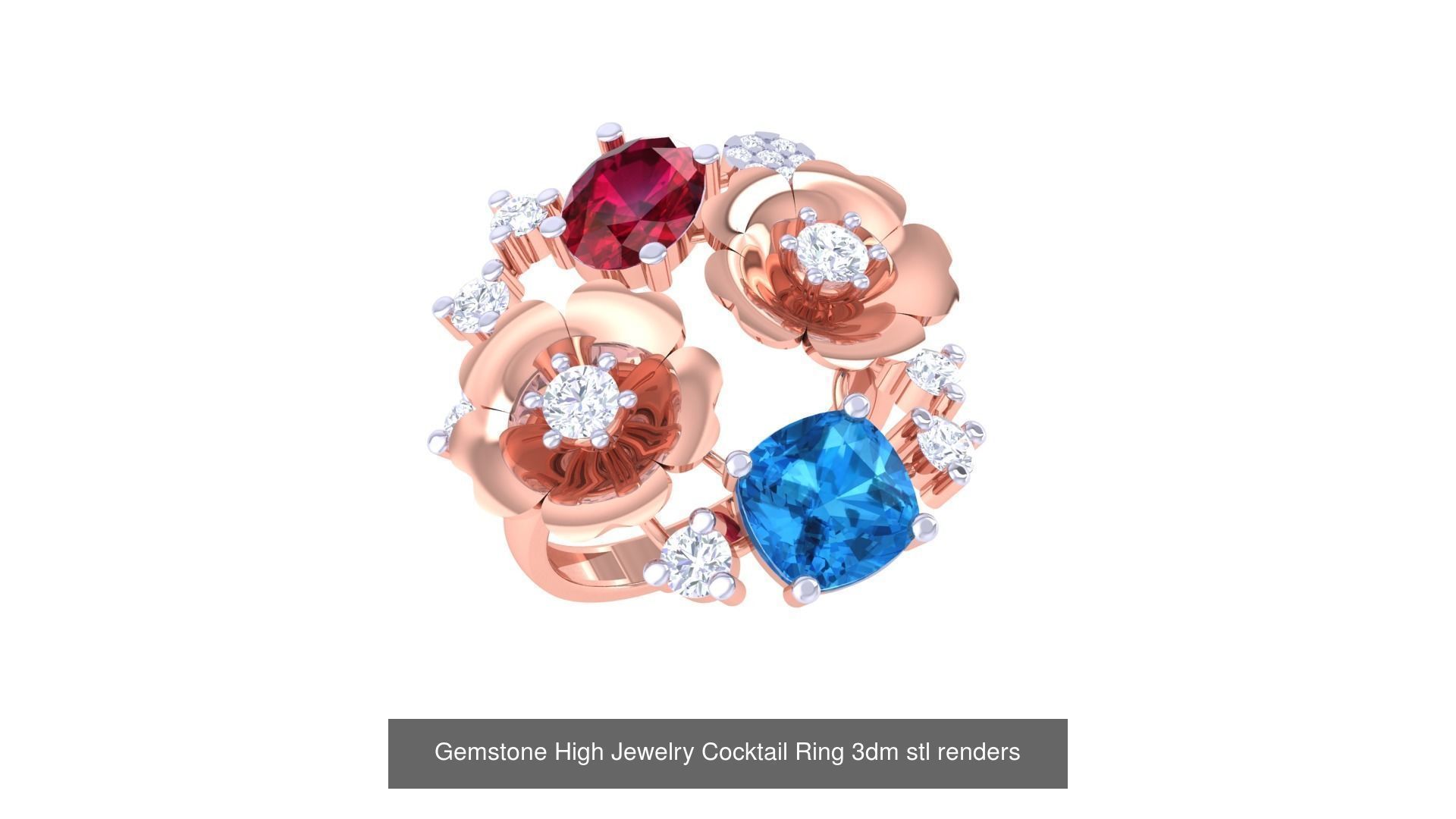 40 Flower Gemstone High Jewelry Cocktail Ring 3dm stl renders 3D Model Collection_26